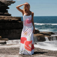 BUNO-Vestido Midi de malla con estampado Floral, traje largo con tirantes finos, cintura desnuda, a la moda, para vacaciones en la playa, Verano - details 10