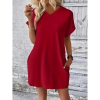 Verano primavera nuevo vestido de bolsillo de manga RT suelto redondo de Color sólido para mujer - details 16