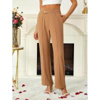 Acampanado para mujer, botones cruzados lisos, pierna recta, cintura alta, pantalones casuales de algodón elástico cómodo - details 6