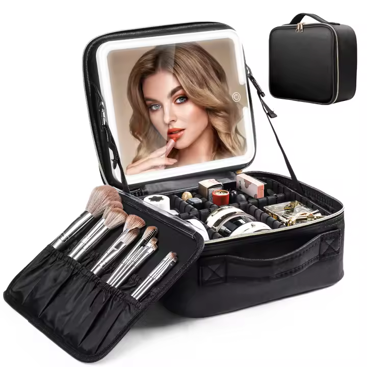 Bolsa de Maquillaje de Viaje Piorlado con Espejo LED Iluminado Organizador de Cosméticos con Divisiones Ajustables y Luz Ajustable - 1