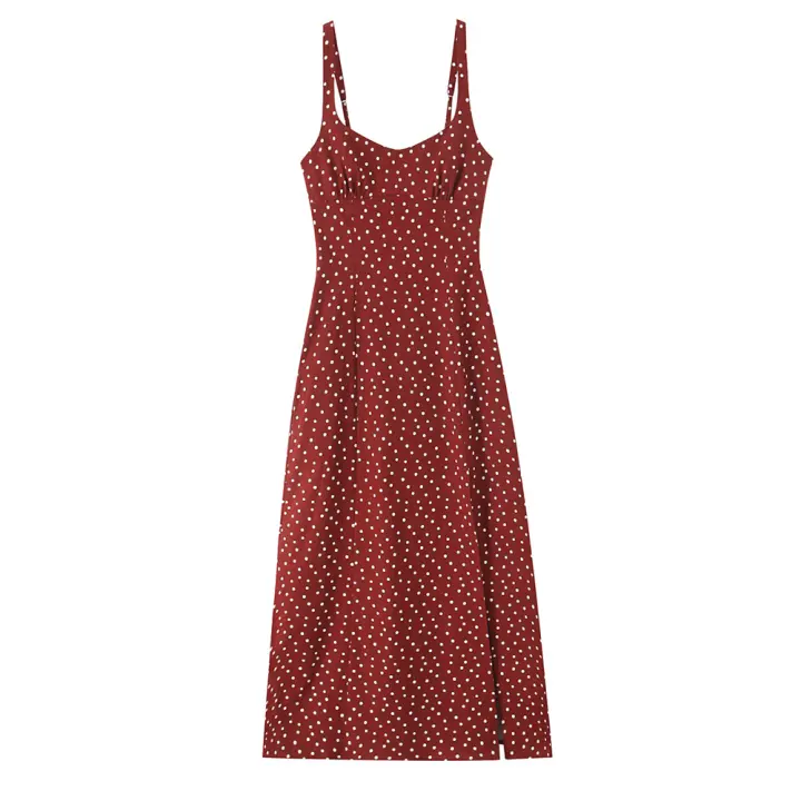 Vestido casual 2025 con estampado de lunares rojos y tirantes con abertura, falda larga, novedad de verano, ropa de mujer. - 1