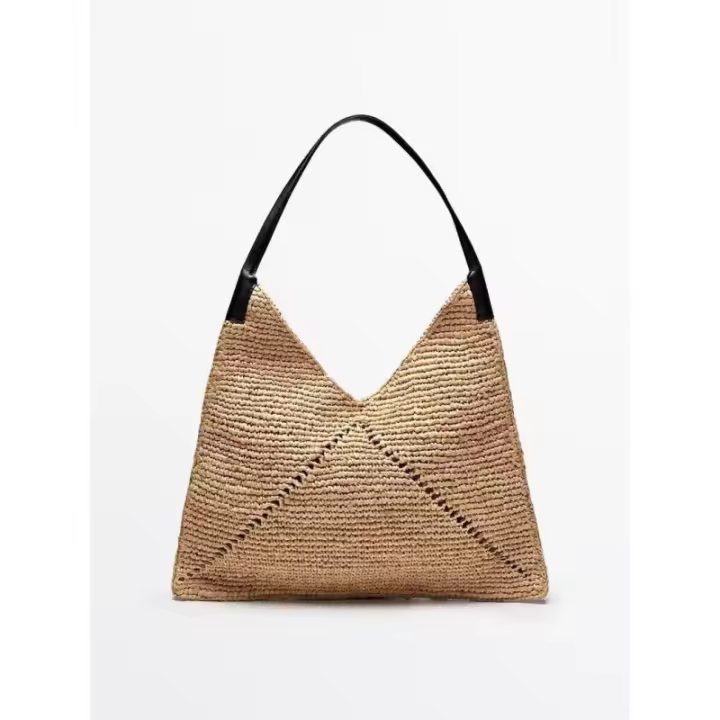 Bolso de paja de gran capacidad de un solo hombro estilo francés, bolso tejido de rafia hueco - 1