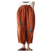 Pantalones bombachos bordados de lino y algodón para mujer, pantalones de pierna ancha con cordón de talla grande, cintura elástica, ajuste suelto informal, primavera y verano, 3xl, 2xl - details 2
