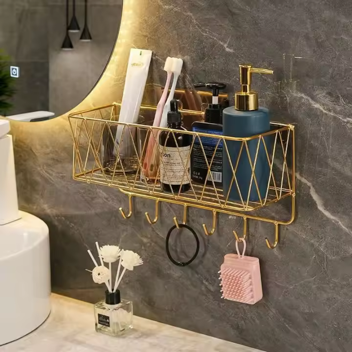 Repisa para baño, estante de iluminación para artículos de tocador de hierro perforado, gancho para champú, organizador de gel de ducha, estante a prueba de óxido - 1