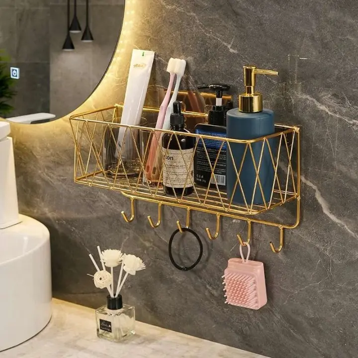 Repisa para baño, estante de iluminación para artículos de tocador de hierro perforado, gancho para champú, organizador de gel de ducha, estante a prueba de óxido - 1