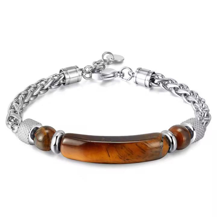 Pulsera vintage de moda para hombre – Piedra de ojo de tigre y cadena de acero inoxidable – Joyería de acero de titanio - 1