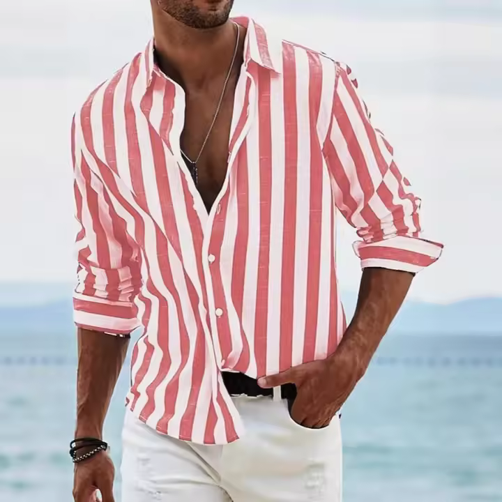 Primavera y otoño nuevos hombres de color tejido de rayas camisa suelta casual camisa de manga larga camisa de los hombres camisa de micro-elástica - 1