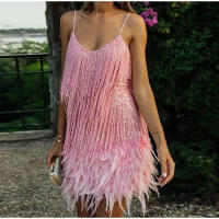 Vestido corto con lentejuelas y borlas para mujer, minivestido Sexy con tirantes finos y costuras, elegante, para fiesta y Club - details 1