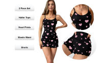Conjunto de pijama de verano para mujer, Tops con cuello Halter y pantalones cortos con estampado de corazones, ropa de dormir para el hogar - details 2