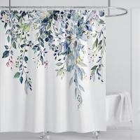 Tela de cortina de ducha de eucalipto verde esmeralda, hojas de plantas de acuarela con juego de cortina de ducha de baño floral con ganchos - details 1