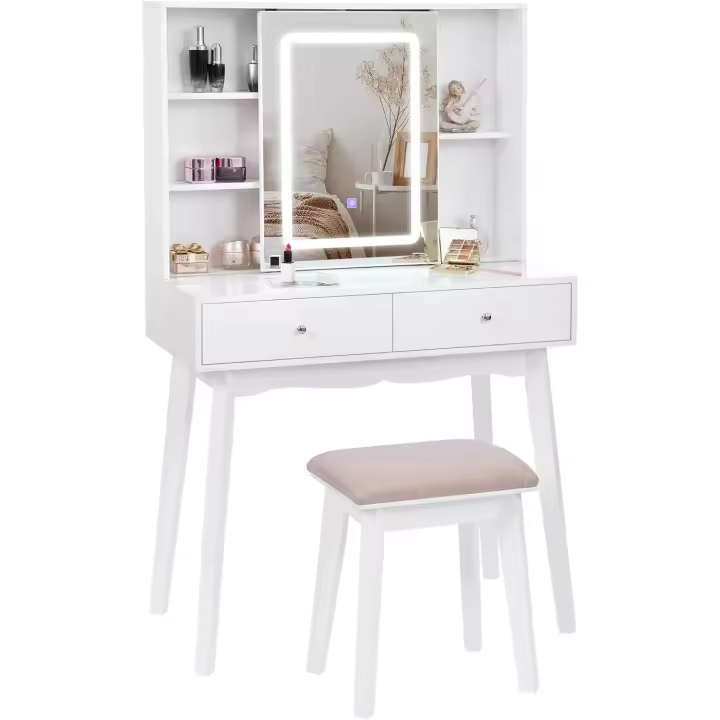 Tocador de Maquillaje con Luz, Brillo Ajustable, Mesa Cosmética con Espejo Deslizante, Tocador Pequeño con Taburete 2 Cajones Blanco EFST15M - 1