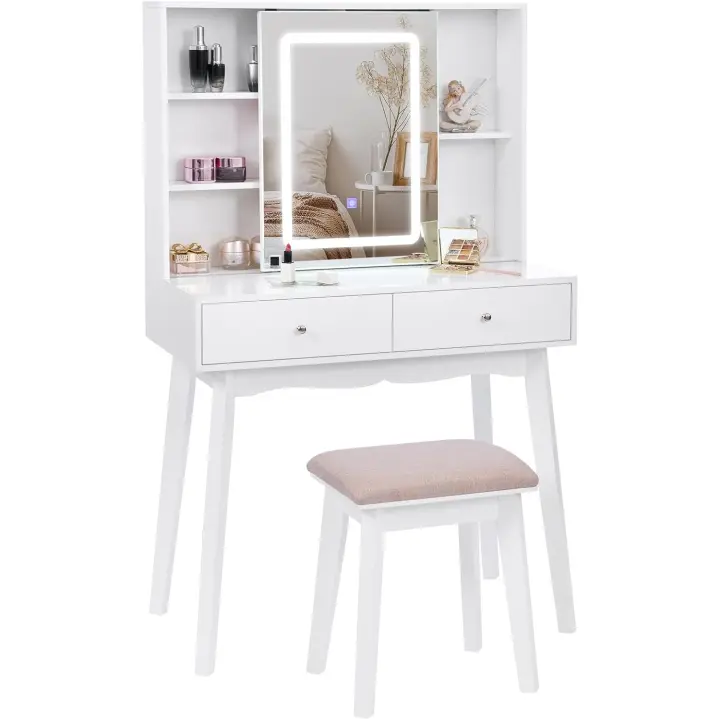 Tocador de Maquillaje con Luz, Brillo Ajustable, Mesa Cosmética con Espejo Deslizante, Tocador Pequeño con Taburete 2 Cajones Blanco EFST15M - 1