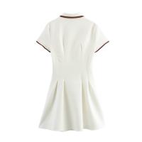 TRAFZA, moda de verano para mujer, vestido acampanado plisado ancho acanalado con contraste, vestido elegante de manga corta con cuello vuelto y botones para mujer - details 3
