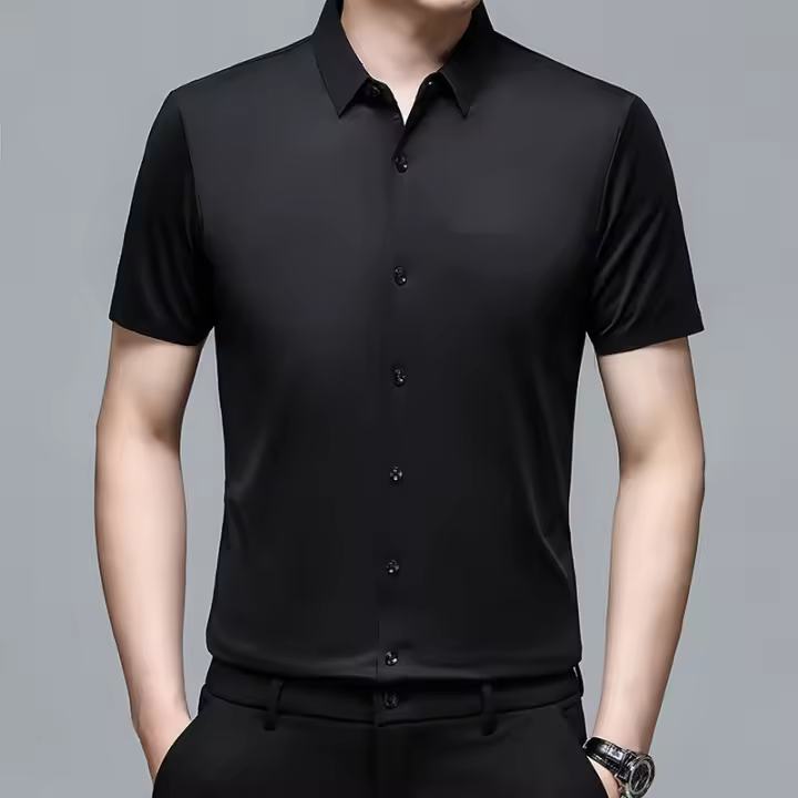 Camisa fina de manga corta de seda helada sin costuras para hombre, nuevo estilo de verano, informal de negocios, sin hierro, camisa de color sólido, arrugada - 1