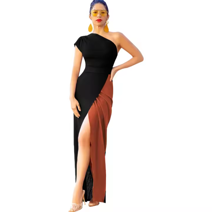 Invitada con un hombro largo y diseño de bloques de color Wo, estilo elegante, vestido de noche de boda de longitud media, vestido nquet para Wo, estilo, , - 1