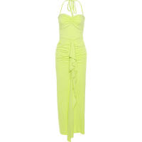 BUNO-vestido con volantes y borlas para mujer, prenda con cuello Halter, Espalda descubierta, abertura abierta, fruncido, cadera de melocotón, ceñido al cuerpo, boda, fiesta de noche - details 14