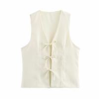 Chaqueta holgada de dos piezas con botones para el verano 2025, pantalones anchos de cintura alta y blazer con cuello en V y lazo. - details 0