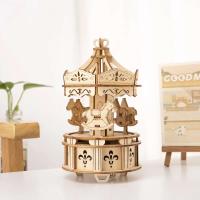 Caja de música con carrusel 3D, Kit de montaje de rompecabezas de cuerda, modelo de accionamiento mecánico - details 3