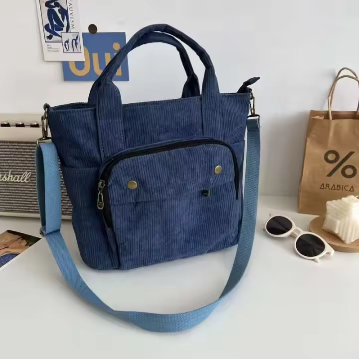 Bolso de mano de lona de algodón grande Retro con cremallera de pana para mujer, bolso cruzado ecológico informal portátil para mujer, bolso de mano con felpa - 1