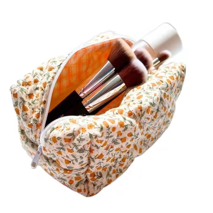 Bolsa de maquillaje acolchada hinchada Floral, organizador de almacenamiento, bolsa de cosméticos impresa con flores, bolso de aseo, accesorio de maquillaje - 1