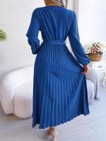 Vestido largo plisado con dobladillo grande para mujer, vestido cruzado de Color liso con cuello en V, moda de primavera y verano - details 22