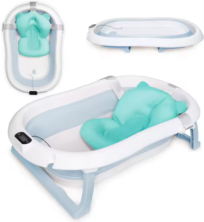 Bañera Plegable para Bebé de 80cm con Soporte Bañera de Bebé con Termómetro - 1