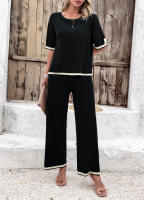 Conjuntos de punto de verano para mujer, trajes de 2 piezas, Tops de manga corta con pantalones, Negro S - details 6