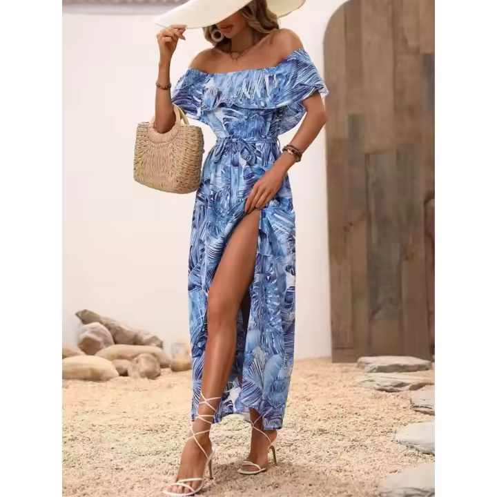 Ropa de mujer, novedad de verano 2025, vestido estampado con un cuello para vacaciones, falda larga con abertura ceñida en la cintura para mujer - 1