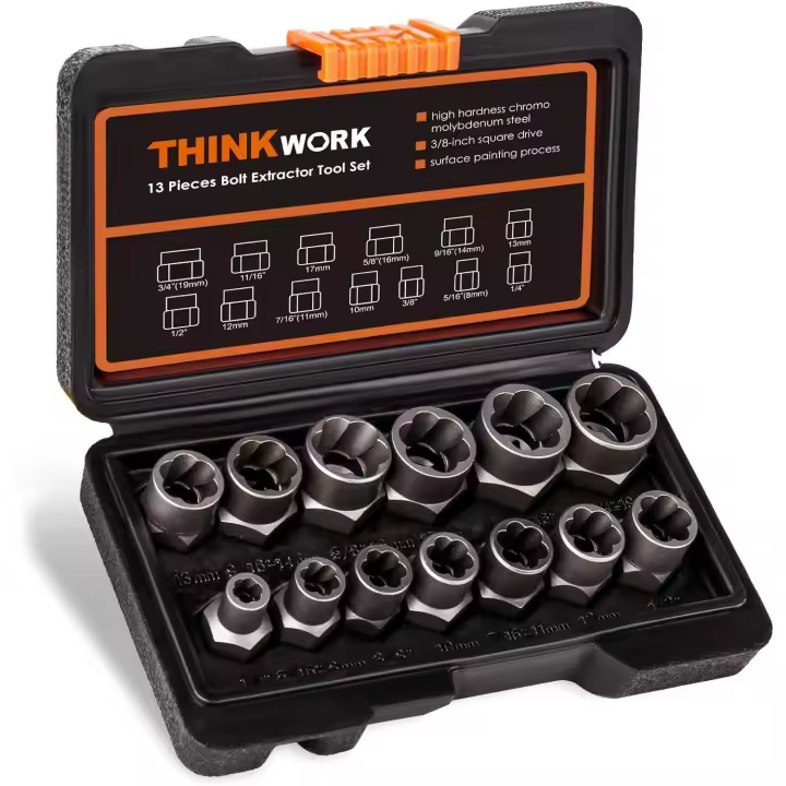 Conjunto de Extractor de Tornillos THINKWORK 13+1 Piezas para Remoción de Impacto y Tornillo Destornillado Extracción de Plástico Fabricado en China Herramientas para Bricolaje en Casa - 1