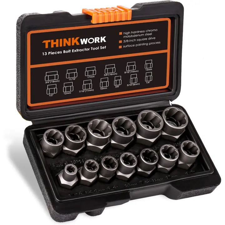 Conjunto de Extractor de Tornillos THINKWORK 13+1 Piezas para Remoción de Impacto y Tornillo Destornillado Extracción de Plástico Fabricado en China Herramientas para Bricolaje en Casa - 1