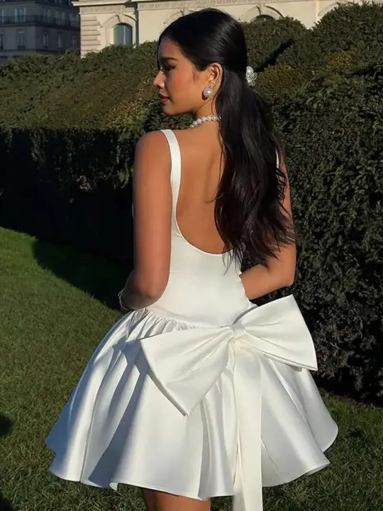 Minivestido liso con dobladillo con volantes para mujer, Vestidos cortos elegantes con cuello redondo y manga acampanada, novedad de 2025 - 1