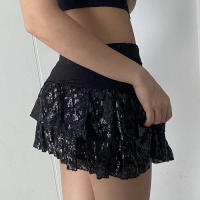 BUNO-falda escalonada de lentejuelas para mujer, falda acampanada de estilo gótico negro Y2K, ropa para discoteca, minifalda elegante Vintage para fiesta de verano - details 2