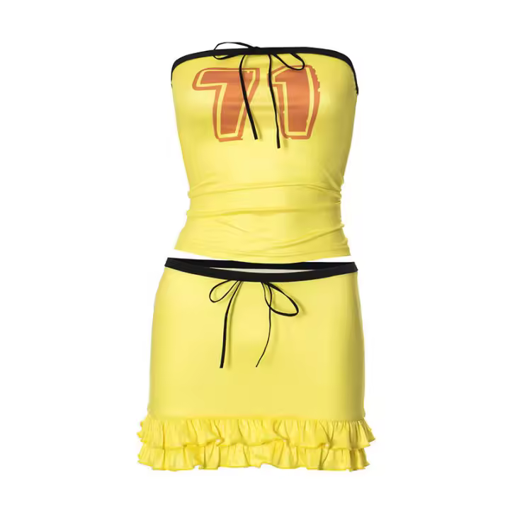 Conjunto de falda con volantes y top tubo sin mangas con cordón ajustable para mujer, novedad de verano F010 - 1