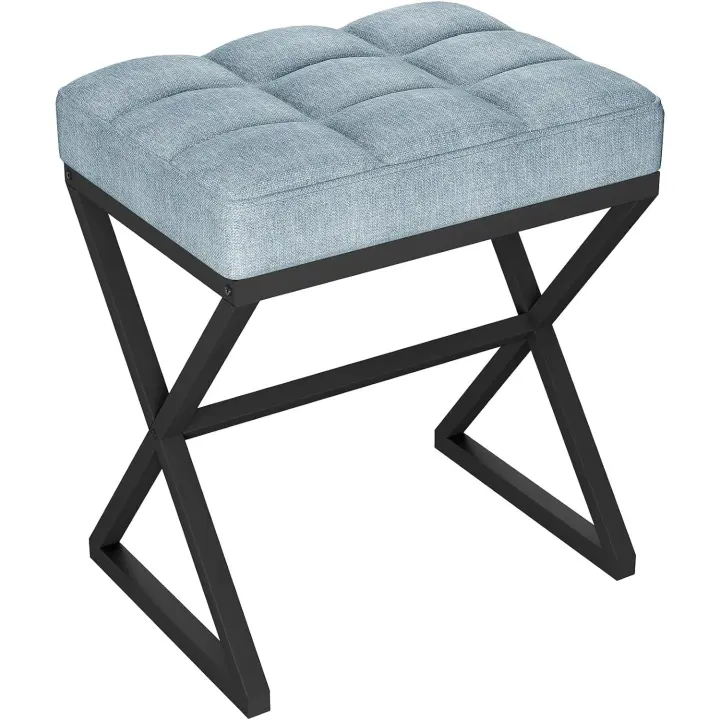Taburete de Maquillaje, Patas de Metal en Forma de X, Taburete con Asiento de Lino, para Tocador, Salón, Dormitorio, Entrada, Pasillos 40×30×46CM Beige - 1