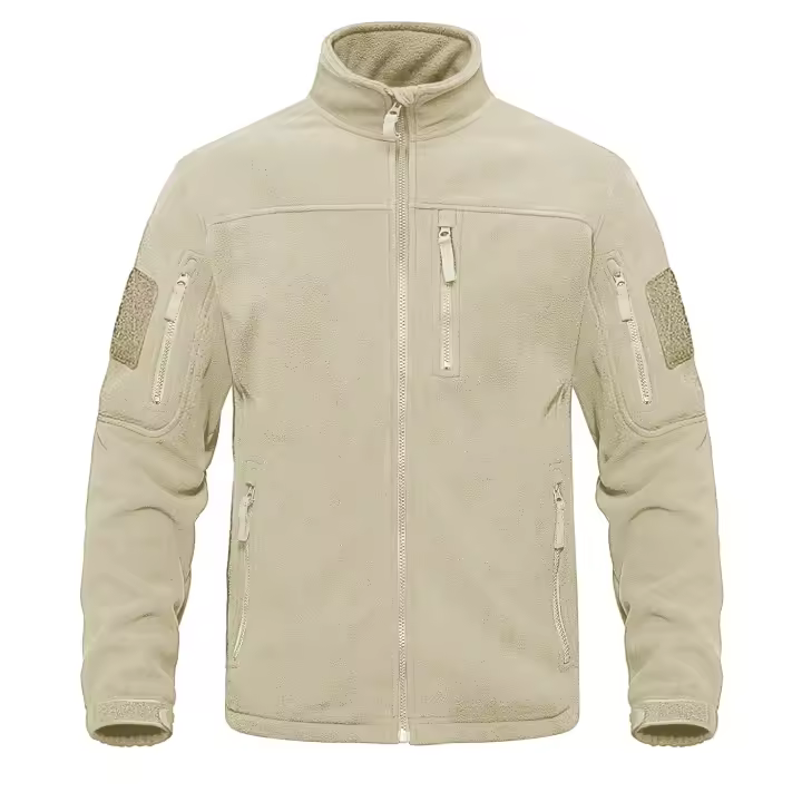 Full Zip Up Green Fleece Jacket Thermal Warm Work Coats Mens Zipper Pockets Jacket Hiking Training Outwear Windbreaker - 1