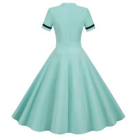 Solid women summer elegant short sleeve stand collar vintage a-line midi long party dress - details 20