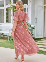 Vestido Maxi de Verano Elegante Cuello en V, Manga Abullonada, Cintura Alta, Encaje, Vestido de Moda para Mujeres con Abertura de Rodilla - details 9