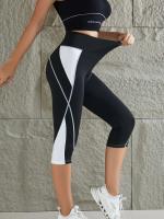 Leggings de yoga con bloques de color para mujer, cintura alta, patchwork, hasta la pantorrilla, pantalones deportivos elásticos para correr - details 3