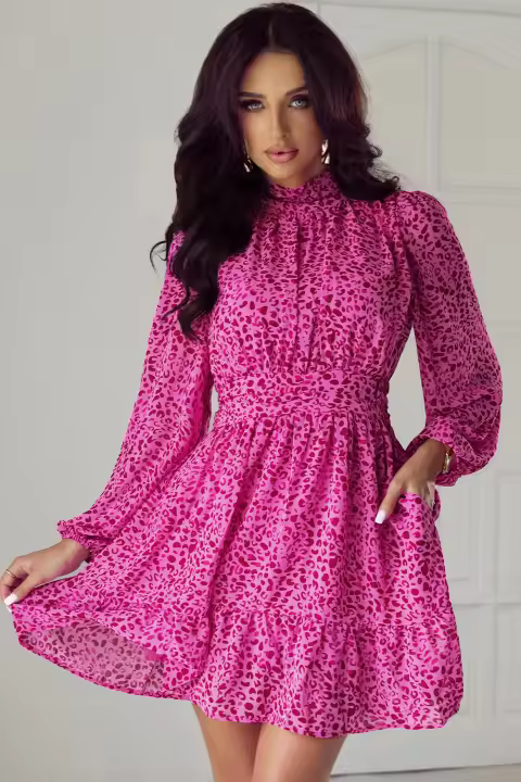 Elrachen Vestido de mujer con volantes y cuello alto anudado con mangas abullonadas de leopardo, rosa, tallas S-XL - 1