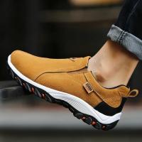 Nuevos zapatos de senderismo sin cordones para hombre, calzado de escalada de cuero PU, suela de goma suave ligera para exteriores, zapatillas para correr, senderismo y caminar - details 2