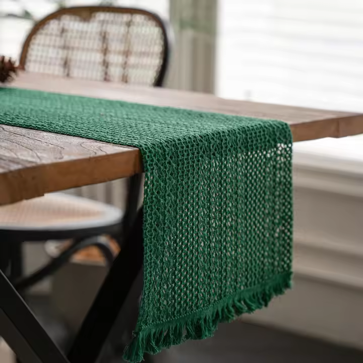 Camino de Mesa Tejida Boho con Borlas Color Sólido Verde Decorativo Rectangulares Estilo Bohemio Comedor Hogar Boda Cocina - 1