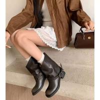 Botas de entresuela de piel de vaca de invierno 2024, botas occidentales de mujer con tacón de bloque de 4,5 cm de cuero suelto - details 2