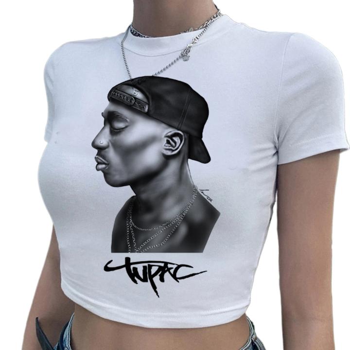 Tupac cyber y2k yk2 top corto para mujer, ropa de calle estética grunge de hadas, manga recortada
