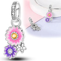 Cuentas de flores rosas y moradas adecuadas para joyas y pulseras de plata con piedra de circón principal - details 1