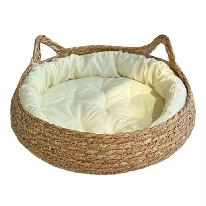 Cesta de cama tejida de ratán para gato, cojín redondo para rascar, cama trenzada de ratán para el hogar, coche, viajes al aire libre - 1