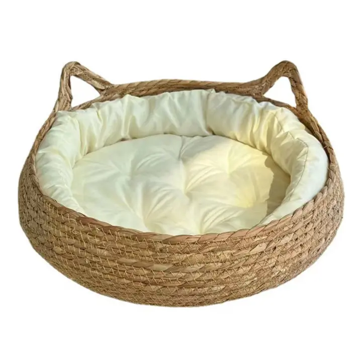 Cesta de cama tejida de ratán para gato, cojín redondo para rascar, cama trenzada de ratán para el hogar, coche, viajes al aire libre - 1