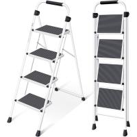 Escalera Plegable 4 Peldaños, Escalera de Tijera con Pedales Antideslizantes Anchos, Barandilla, Escalón Taburete de Acero Portátil Uso Hogar Cocina Oficina, Carga hasta 150 kg, Blanco - details 0