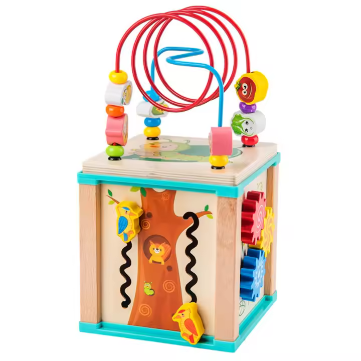 Cubo de Actividades de Madera Excitat 5 Actividades de Roller Coaster Abacus Ruedas de Engranaje Reloj Zig Zag Deslizamiento Juguetes Educativos Tempranos - 1