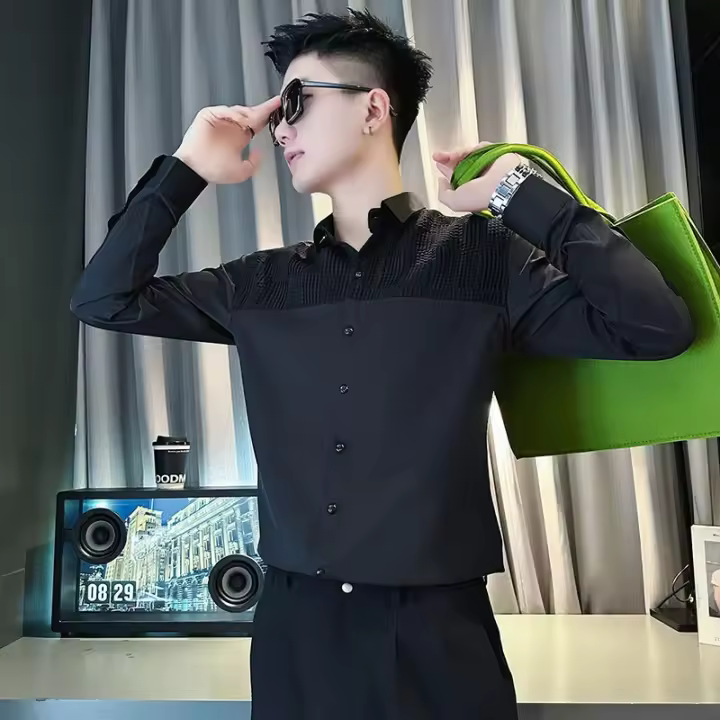 Camisa de Costura de Alta Gama para Hombres Primavera-Otoño 2024 Top Casual de Algodón con Manga Larga Estilo de Barbero Ruan Shuai - 1