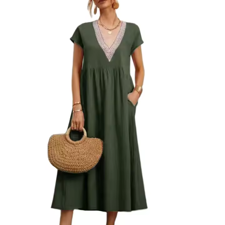 Vestido casual de lino y algodón suelto con bolsillo y manga en V para mujer - 1